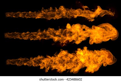 3D Rendering Jet Fire Flames Set Isolated On Black Background. Stream Fire.