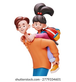 3D rendering of a joyful stylized asian family on a white background, three quarter length view. Cute kawaii characters, a young father giving his little daughter a piggyback ride. Smiling faces.