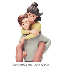 3D rendering of a joyful stylized Asian couple on a white background, three quarter length view. Cute kawaii characters, a young man giving his girlfriend a piggyback ride. They are fooling around.