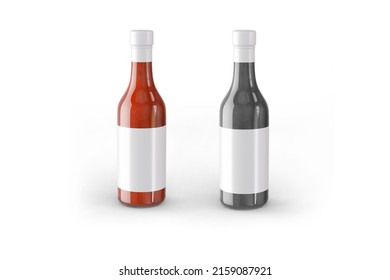 3D Rendering Of A Ketchup Bottle Mockup Isolated On White Background. Sauce Bottle With Empty Label.