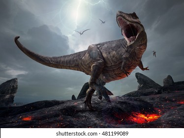 3D rendering of the king of dinosaurs, Tyrannosaurus Rex, in a harsh prehistoric world.