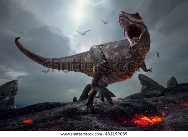 3D rendering of the king of dinosaurs,\
Tyrannosaurus Rex, in a harsh prehistoric\
world.