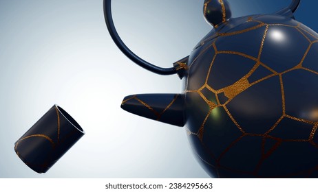 3D rendering of a kintsugi teapot. teapot that has been repaired using the Japanese art of kintsugi. 