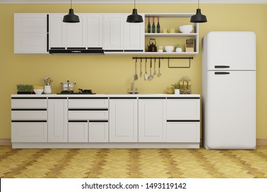 3d Rendering Kitchen Interior With White Counter, Yellow Wall And Wooden Floor.