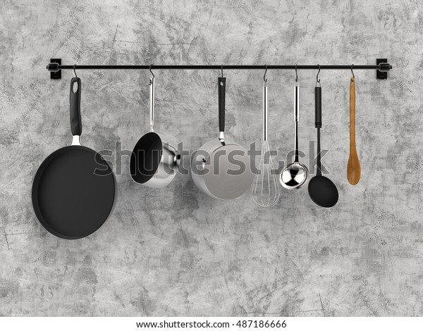 3d\
rendering kitchen rack hanging with kitchen utensils\
