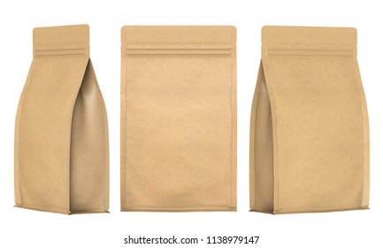 3D Rendering Kraft Paper Food Bag Packaging Mock-up On White Background