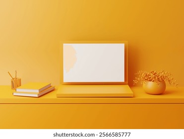 3D Rendering, laptop with blank screen on yellow monochromatic table background