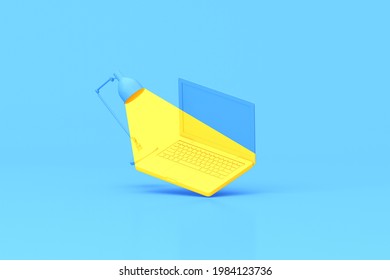 3d Rendering Of Laptop And Lamp On Blue Background. Minimal Creative Idea.