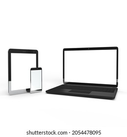 3d rendering of a laptop, phone and tablet mockups stacked and isolated on a white background 