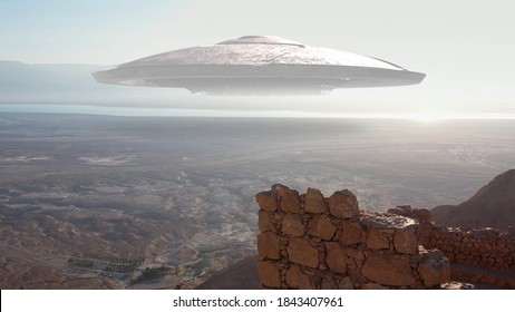 3d Rendering, Large Alien Ufo Saucer Over Sea And Desert Mountains-Aerial