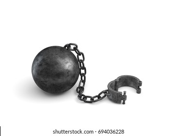 3d Rendering Of A Large Black Ball And Chain Connected To An Open Cuff Lying On White Background. Open Bounds. Breakthrough. Freedom Of Choice.