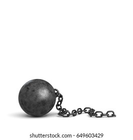 3d rendering of a large black iron ball lying down with a piece of its broken chain. Loss of restrictions. No limits ahead. Free person.