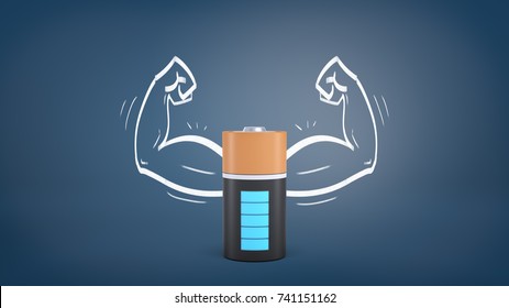 3d rendering of a large black and orange battery with full power indication stands inside a blackboard drawing of muscular arms. Life energy. Power and strength. Sport supplements. - Powered by Shutterstock