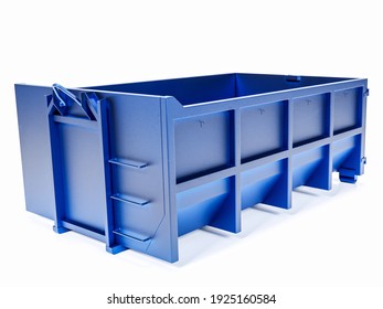 3D Rendering Of Large Blue Industrial Waste Dumpster On White