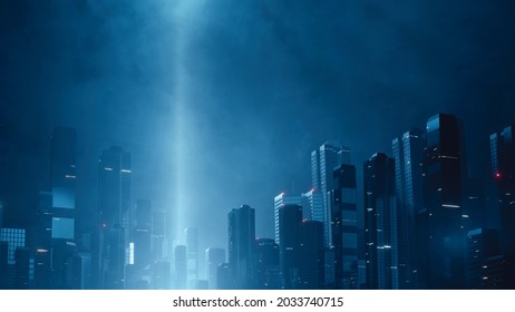 3D Rendering Of Large Buildings In Virtual Mega City With Spot Light Beam Up In Cloudy Sky. For Technology Product Background 