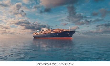 3D rendering of a large cargo ship sailing across the ocean, transporting numerous containers under a cloudy sky. A realistic representation of global trade and maritime logistics.
