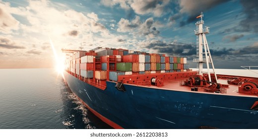3D rendering of a large cargo ship with containers sailing on calm sea at sunset, symbolizing global trade, transport, export, and maritime business.
