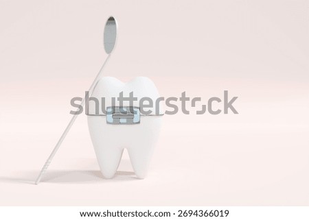 A 3D rendering of a large, cartoonish tooth wearing braces with a dental mirror leaning against it on a light pink background, symbolizing orthodontic care.