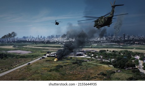 3d rendering, Large city under massive attack with destroyed buildings, aerial
Drone view over Tel aviv city bombarded with smoke rising and helicopters, israel,2022
3d illustraion