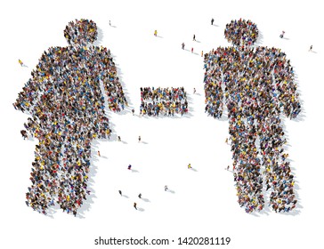 3D rendering: a large crowd of people gathered together in the form of gender symbols