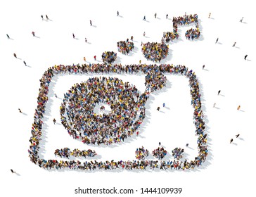 3D rendering: a large crowd of people gathered together in the form of love symbols