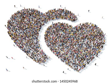 3D rendering: a large crowd of people gathered together in the form of love symbols