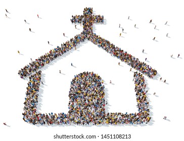 3D Rendering: A Large Crowd Of People Gathered Together In The Form Of Church Symbols