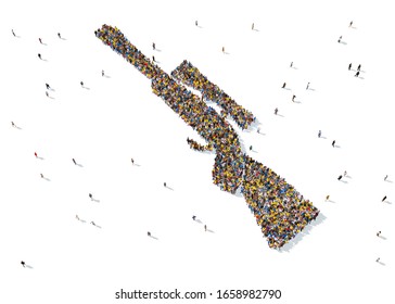 3D rendering: a large crowd of people gathered together in the form of the military symbol