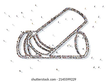 3D rendering: a large crowd of people gathered together in the form of the military symbol