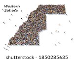 3d rendering: a large group of people gathered together as a map of the country of Western Sahara