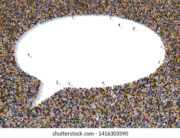 3d rendering: a large group of people gathered together as a speech bubble symbol