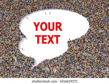 3d rendering: a large group of people gathered together as a speech bubble symbol