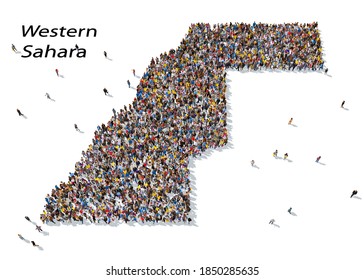 3d Rendering: A Large Group Of People Gathered Together As A Map Of The Country Of Western Sahara