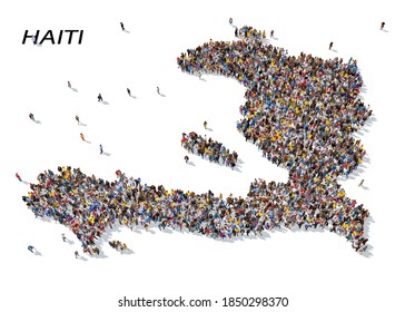 3d rendering: a large group of people gathered together as a map of the Haiti