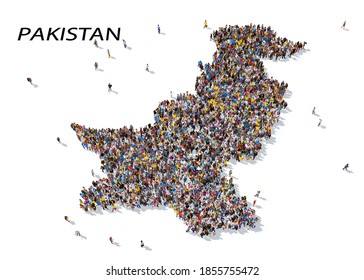 3d rendering: a large group of people gathered together as a map of the country of Pakistan