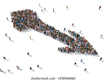 3d rendering: a large group of people gathered together as a arrow symbol