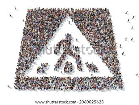 3d rendering: a large group of people gathered together as a road sign symbol