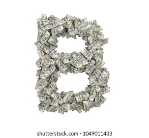 3d rendering of a large isolated large letter B made of many one hundred dollar bills. Money and bills. American currency. Alphabet and letters.