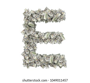 3d rendering of a large isolated letter E made of dollar banknotes on a white background. Money and wealth. Prosperity. Alphabetic sign.