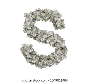 3d rendering of a large isolated letter S made of dollar banknotes on a white background. Money and wealth. Prosperity. Alphabetic sign.