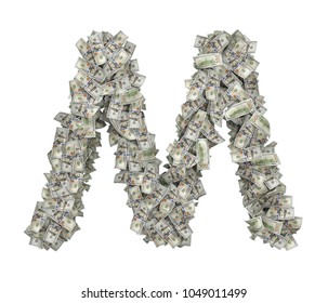 3d rendering of a large isolated letter M made of dollar banknotes on a white background. Money and wealth. Prosperity. Alphabetic sign.