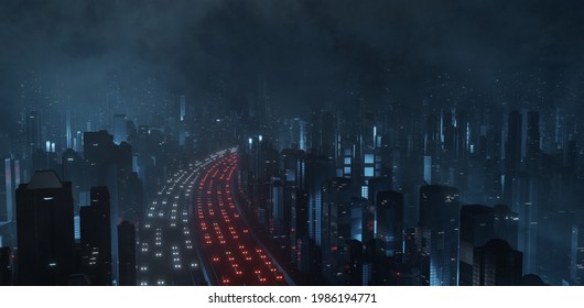 3D Rendering of large mega city with many tall buildings and traffic lights from highway at night. Concept of next generation technology, fin tech, night life, digital products background