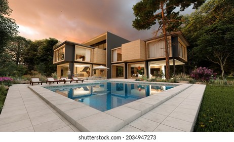 3D Rendering Of A Large Modern Contemporary House In Wood And Concrete In Early Evening 