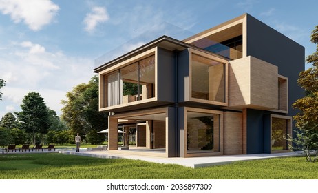 3D Rendering Of A Large Modern Contemporary House In Wood And Concrete