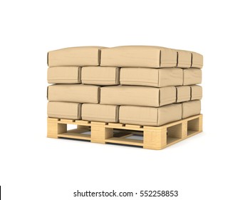 3d Rendering Of Large Paper Bags Rest On A Pallet Isolated On The White Background. Building Industry. Building Materials. Transportation Of Materials.