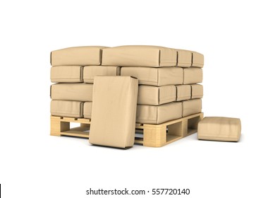 3d rendering of large paper bags on pallet isolated on the white background. Building industry. Building materials. Transportation of materials.