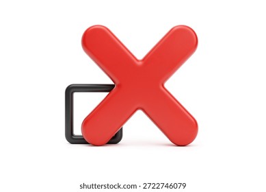 3d rendering of a large red cross mark overlapping a black checkbox frame symbolizing a wrong answer or negative selection.