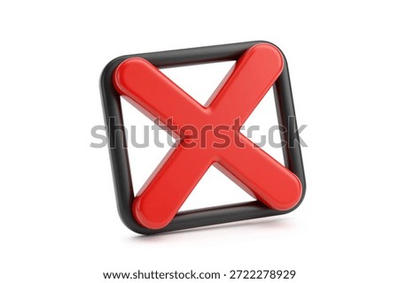 3d rendering of a large red cross mark overlapping a black checkbox frame symbolizing a wrong answer or negative selection.