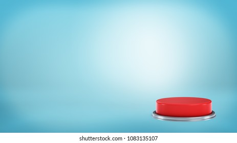 3d rendering of a large round red push button standing on a blue background in an off position. Press button to start. Emergency signal. On and off button.