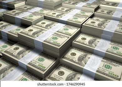 3D rendering of a large stack of one hundred US Dollars bills.